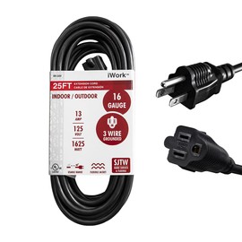 iWork 25 Ft Black Extension Cord 3 Prong, Weather-Resistant 16/3 SJTW, 1625 Watt, 13 AMP Rating with UL Listed for Indoor and Outdoor Uses