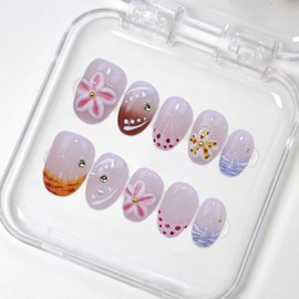 3D Flower Press on Nails Colorful French Fake Nails Handmade Floral False Nails Designs Short Almond Gradient Stick on Nails Thick Acrylic and Muti-Layer Gel Full Cover False Nails for Women (M)