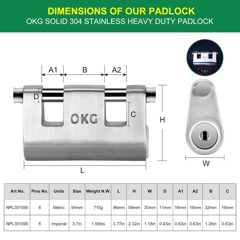OKG Ultra Secure Stainless Steel Lock - 3 Keys, 2