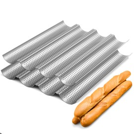 Tiawudi 2 Pack Nonstick Perforated Baguette Pan 15" x 13" for French Bread Baking 4 Wave Loaves Loaf Bake Mold Oven Toaster Pan (Silver)