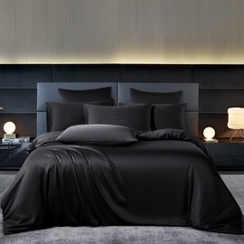 YASMENG Bamboo Bed Linen 135 x 200 cm Black Bed Linen 50% Bamboo and Microfibre Silky Bed Linen Soft Breathable Shiny Bamboo Fibres Bed Linen 2-Piece with Zip and 80 x 80 cm Pillowcase