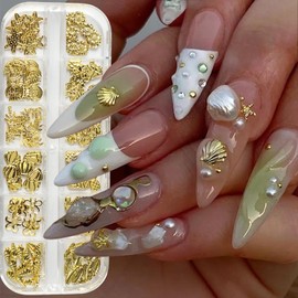 HYWWPFLAY 12 Grids 3D Beach Nail Charms for Summer - Seahorse, Starfish, Octopus, Shell, Shark, Metal Nail Jewels Studs for Women DIY Manicure Accessories Supplies with Pickup Pen & Tweezers