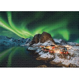 Ulmer Puzzleschmiede - Norway Aurora Borealis - Northern Lights Jigsaw Puzzle - Classic 500 Piece Puzzle - Northern Lights Jigsaw Puzzle Motif Over the Fishing Village of Hamnoy, Lofoten, Norway
