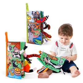 Jollybaby 2 PCS Sensory Touch and Feel Crinkle Books for Baby 0-6 Months, Jungle Farm Tails Montessori Car Set Toys for Tummy Time Newborn 6-12, Soft Fabric Cloth Books for Infant 1 Year Old Gift