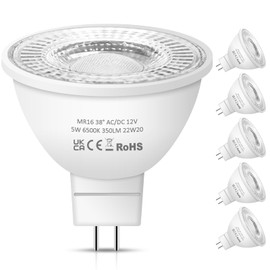 Nottac Nottac MR16 LED Bulbs, 12V 5W (50W Halogen Equivalent) Cool White 6500K 38 Beam Angle LED MR16 for Indoor/Outdoor Landscape, Recessed, Track Lighting, GU5.3 Bi Pin Base, 6 Pack
