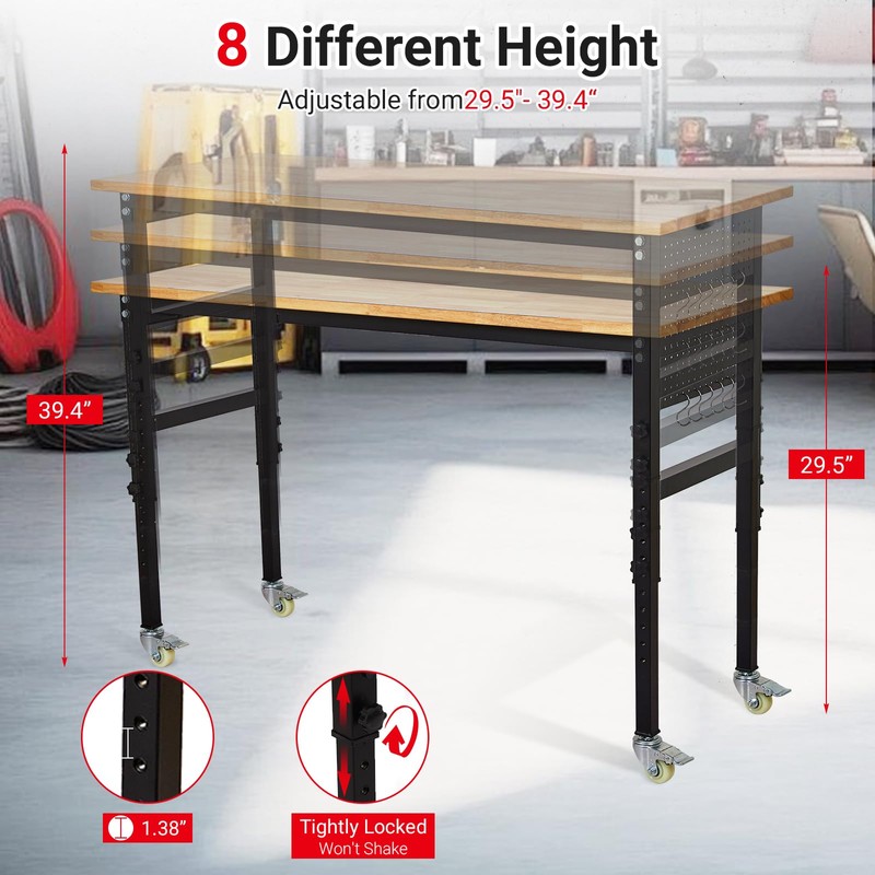 GarveeTech Workbench, 48" x 24" Adjustable Workbench with Power Outlet,