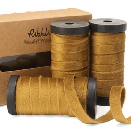Ribbli Antique Gold Velvet Ribbon 3 Rolls Double Faced 3/8 Inch 18-Yard with Wooden Spool Use for Christmas Tree Ornaments Gift Wrapping Wreath Decoration Wedding Boutonnieres