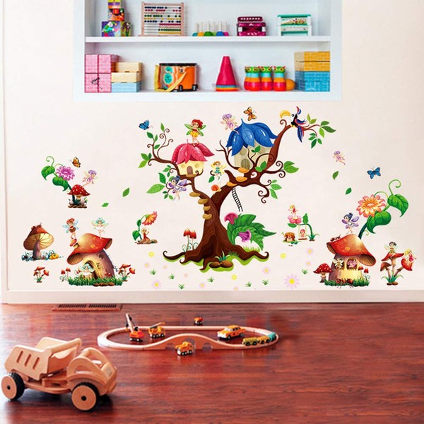 ufengke Fairy Garden Wall Stickers Tree Mushroom House Wall Decals Mural for Girls Bedroom Nursery Living Room