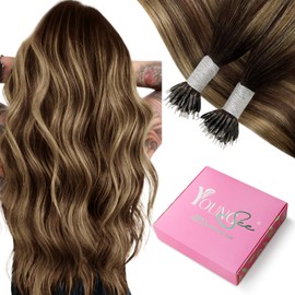 YoungSee Nano Ring Hair Extensions 20Inch Nano Hair Extension Dark Brown with Strawberry Blonde Nano Beads Hair Extensions Human Hair 50G Remy Nano Human Hair Extensions 50S