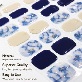 Semi Cured Gel Nail Strips, 28 pcs Gel Nail Strips Work with Any UV Lamp, Long Lasting Gel Nail Stickers Full Nail Wraps, Salon Quality, Easy to Apply（Deep Blue