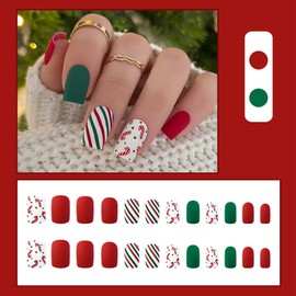 Christmas False Nails - 24Pcs Press on Nails Short - Square Fake Nails with Christmas Candy - Xmas Stick on Nails with Nail Glue for Women Girls Nails Art
