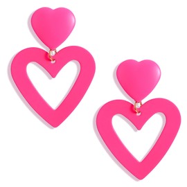 Pink Heart Earrings for Girls Women, Double Heart Love Dangle Earring Hot Pink Drop Dangling Statement Earrings 80s Jewelry Accessories Valentine's Day Mother's Day Gift