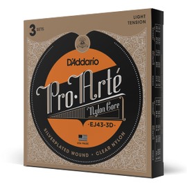 D'Addario D'Addario Pro Art Nylon Classical Guitar Strings, EJ43-3D, Light Tension, 6-String Set, Pack of 3