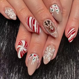 24 Pcs Christmas Press on Nails Medium Almond Fake Nails Cat Eye Xmas False Nails with Cute Gingerbread Man Elk Candy Design Winter Acrylic Nails Full Cover Christmas Nail for DIY Nail Art