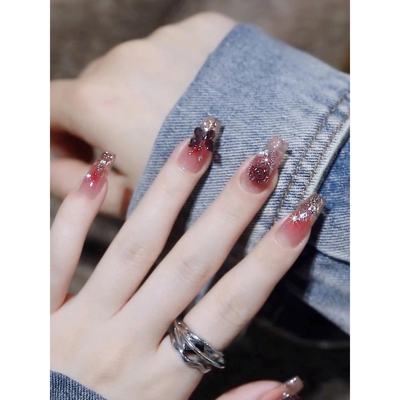 Nail Tips, Short, 24 Pieces, Silver Edge, Red, Gradient, False
