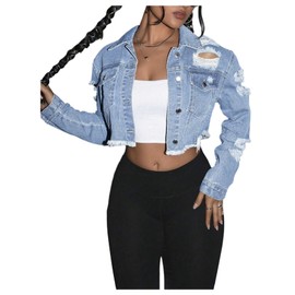 GORGLITTER Women's Cropped Denim Jackets Ripped Raw Hem Collared Button Up Long Sleeve Y2k Jeans Jacket Light Wash Large