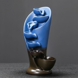 Simcat Ceramic Incense Burner Waterfall Backflow Incense Holder with 20 Incense Cones and 1 Box Fragrance Sticks Smoke Fountain for Room Office Aromatherapy Ornament (Blue)