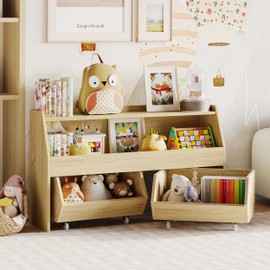 Fulhope Toy Storage Organizer for Kids, Toy Storage Cabinet with Drawers, Boys and Girls Toy Shelf with Wheels, Toy Organizer Kids Bookshelf with Storage for Nursery, Playroom, Bedroom (Burlywood)