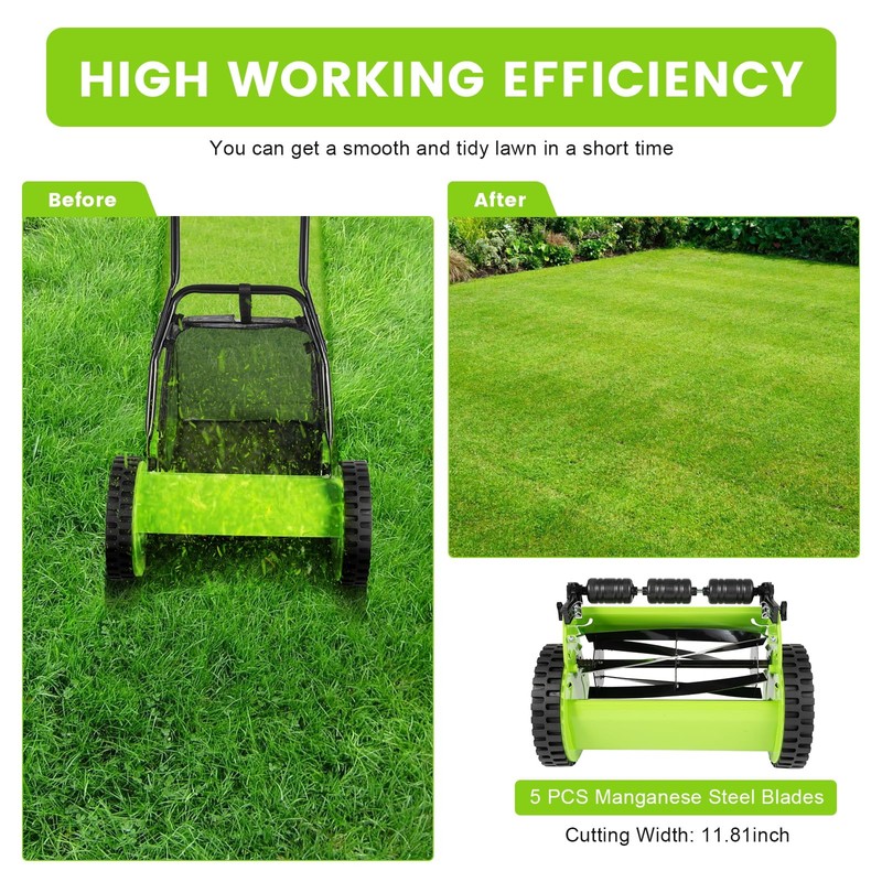 RustyVioum 12-Inch Push Lawn Mower, 5-Blade Dual Wheel Reel Lawn