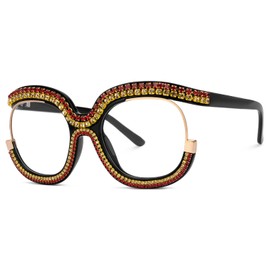 Zeelool Square Diamond-Encrusted Glasses Frame with Non-prescription Clear Lens for Women Oversized ZJGX095217, Red-yellow, Oversize