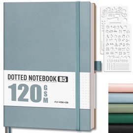 AHGXG Bullet Dotted Journal - Dot Grid Notebook Journal, 120 GSM Thick Acid-Free Paper, Large B5 Dotted Notebook 96 Pages, Leather Softcover, Inner Pocket, Journal Stencil, 7.6'' X 10'' - Gray Blue
