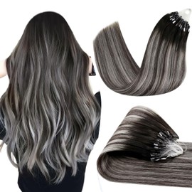 Hetto Micro Beads Hair Extensions Silver Micro Rings Hair Extensions Real Human Hair Ombre Black to Silver Human Hair Extensions Micro Loop Straight 14Inch 50g/50s 20'' #1b/Silver/1b