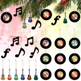40 Pcs Christmas Music Notes Ornaments Black Retro Music Records Wood Electric Guitar Ornament Music Notes Wall Decor Musical Decorative Hanging Ornaments for Christmas Tree Party Decor