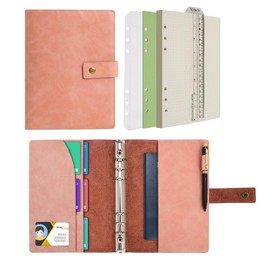 Wonderpool Leather Journal Dotted Paper Refillable Writing Binder Notebook - Leather Spiral Diary with Inner Organizer Pockets for Man and Woman (Pink, A5)