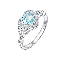 DAYBYDAY Aquamarine Engagement Ring Heart Celtic Rings 925 Sterling Silver Light Blue Gem March Birthstone Ring Size 6 Wedding Anniversary Jewelry for Wife