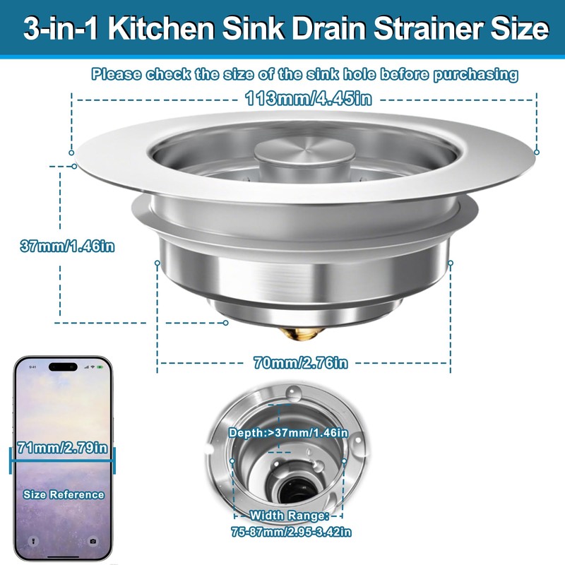 3-in-1 Kitchen Sink Drain Strainer Stopper, Upgraded Stainless Steel Sink