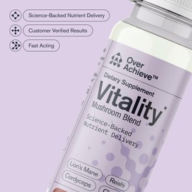 OVERACHIEVE Mushroom Supplement Drink Fast-Acting Vitality Blend, Cordyceps, Reishi, Chaga, Lion’s Mane, Ashwagandha, for Adults, Chai Spice Flavor 2 fl oz (12 Pack)