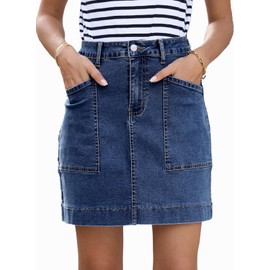 Sidefeel Women's Denim Skirt High Waisted Stretch Casual Mini Skirt Cute Jean Skirt with Pockets Dark Blue Small