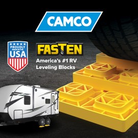 Camco Fasten RV Leveling Blocks - Features Interlocking Design for Customizable Height - Carrying Handle Twists to Secure Blocks for RV Storage - 8.5” x 8.5” x 1”, Yellow, 10-Pack (21022)