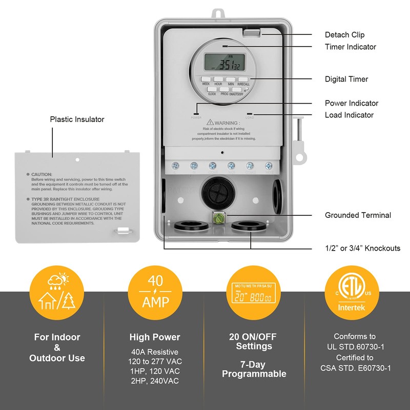 SURAIELEC Pool Timer, 7-Day Programmable Digital Box Timer Switch, 40
