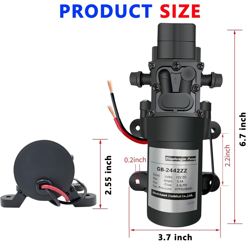 DC 12V Diaphragm Pump, Self-Priming Sprayer Pump, 1.2 GPM 87