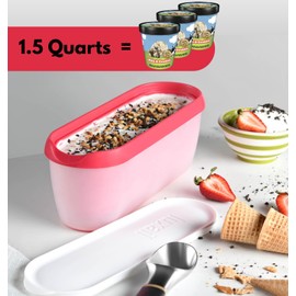 Ice Cream containers for homemade ice cream, Reusable Storage Freezer ice cream Container With Lids, BPA FREE, Dishwasher Safe Tub. Double Insulated, 1.5 Quart, Red, Non Slip Base, Stackable on