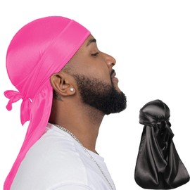 ForceWave 2 Pieces Silky Durag Pack for Men Women Waves, Premium Satin Deluxe Du-rag (Black+Hot pink)