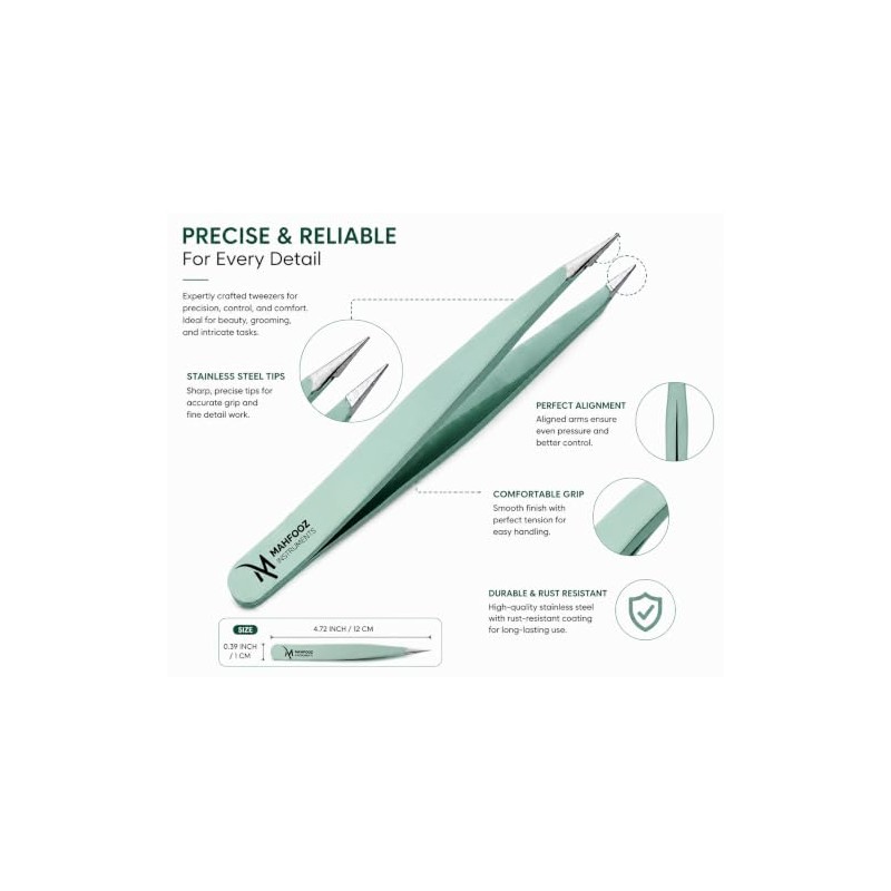 Pointed Tweezers for Eyebrow, Ingrown Hair, Splinter, Blackhead & Tick