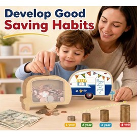 Unique RV Piggy Bank for Kids, Boys and Girls, Wooden Money Saving Box