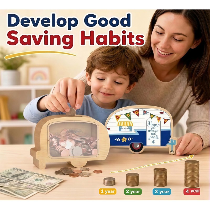 Unique RV Piggy Bank for Kids, Boys and Girls, Wooden