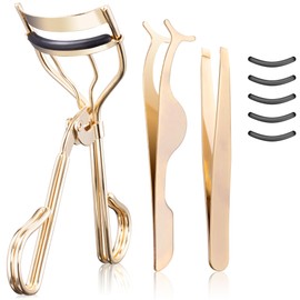 Eyelash Curler Tool - 3-in-1 Professional Volumizing Lash Lift Kit Lash Curler, Curls Lashes for Perfect, Eyelash Extension Tweezers - Includes Replacement Pad for Home & Travel Uses, Gold