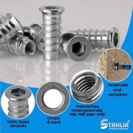 Stahlia Screw-in Nut M8 x 15 Thread Insert Wood Steel (Pack of 20) Sleeve Nut Hexagon Socket Threaded Sleeve Threaded Sleeve Screw-in Sleeve