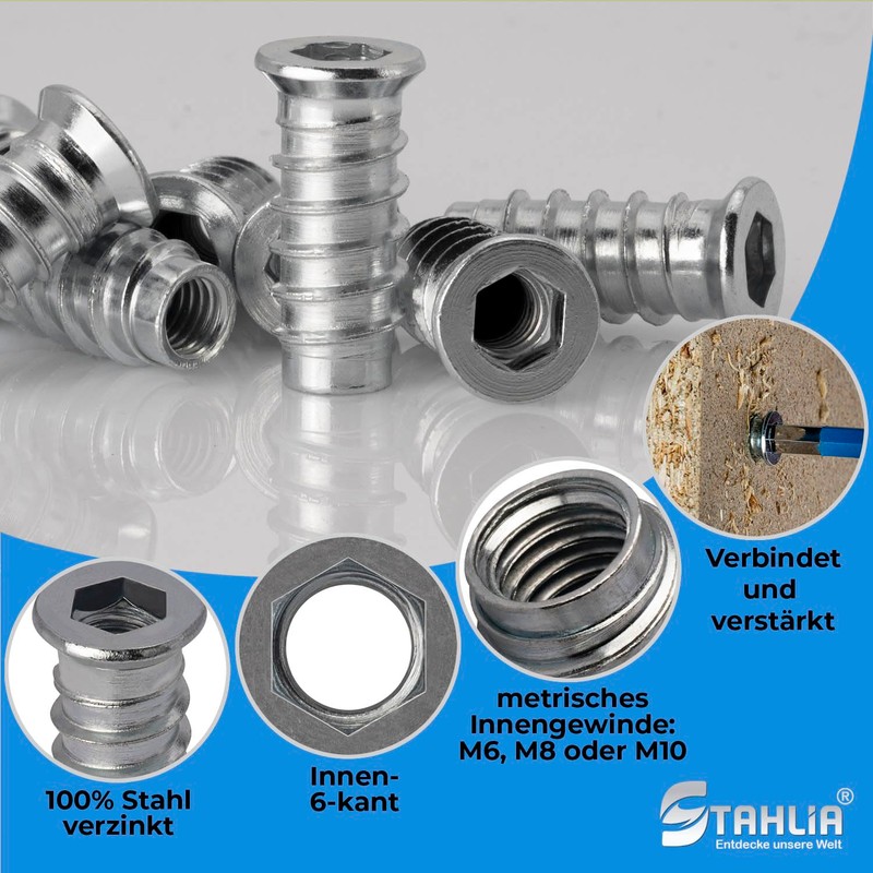 Stahlia Screw-in Nut M8 x 15 Thread Insert Wood Steel
