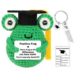 Vspek Positive Frog Gifts Graduation Keychain, Emotional Support Crochet Frog Doll with Positive Card, Mini Funny Knitted Animals, Graduation Gifts for Her Him Friend Sister Student