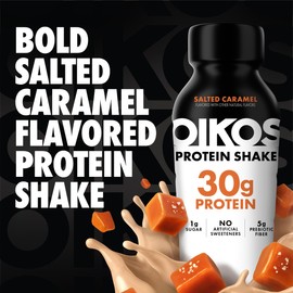 Oikos Protein Shake, Salted Caramel, 30g High Protein Drinks, Shelf Stable, Ready to Drink, 5g Prebiotic Fiber, 12 fl oz Bottle