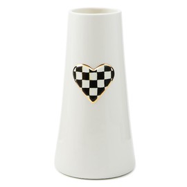 MACKENZIE-CHILDS Ceramic Heart Vase, Unique Decorative Vase, Tall, Black-and-White Courtly Check