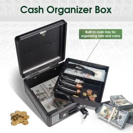 Glosen Cash Box with Lock, Money Box with Key Lock & Removable Coin Tray 8.46 * 5.3 * 8.46 inch (Black, Small)