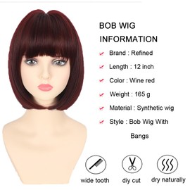 Refined Short Bob Wigs With Bangs 12 inch Straight Synthetic Cosplay Party Wig For Women Daily Use Colorful Hair Wigs (wine red, 12 Inch)