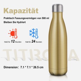 TITIROBA Stainless Steel Water Bottle, 500 ml, Vacuum Insulated, Leak-Proof Thermos Flask, Insulated Flask, BPA-Free, 24 Hours Cold and 12 Hours Hot Glossy Champagne Gold