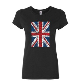 Union Jack Women's T-Shirt United Kingdom Distressed British Flag Shirt Black Large